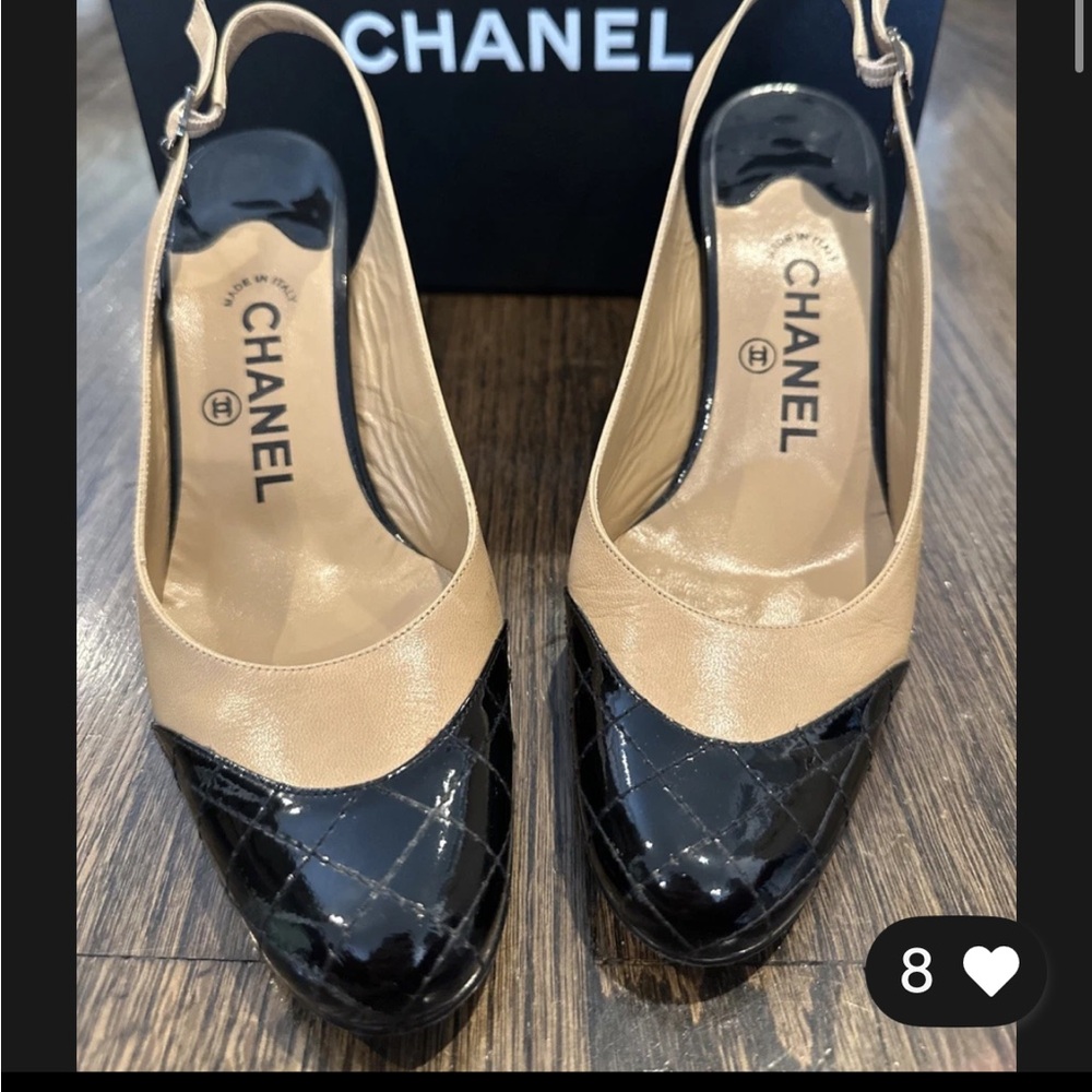 AUTHENTIC with Box Chanel Captoe CC Slingback Pumps In Beige & Black Size 38.5